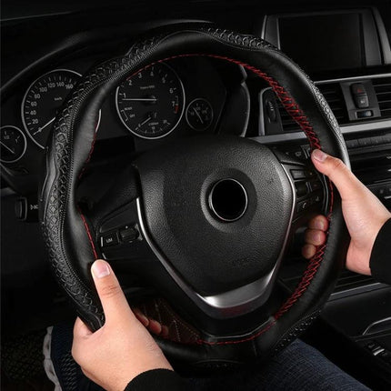 Cowhide Steering Wheel Cover 38cm for Everyday Driving - breathable high-quality cowhide with red stitch grip protecting steering wheel