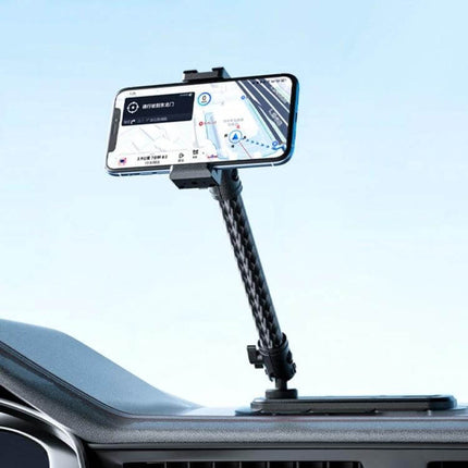 Car Phone Mount Extension Arm Carbon Fiber 360 Degree Swivel mounted on dash holding phone showing navigation with adjustable double-socket arm