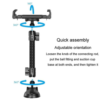 Car Phone Mount Extension Arm Carbon Fiber 360 Degree Swivel showing double-socket arm, suction cup base, 360° and 180° rotation for adjustable phone positioning