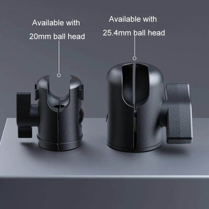 Car Phone Mount Extension Arm Carbon Fiber 360 Degree Swivel showing 20mm and 25.4mm ball head adapter options for secure adjustable mounting