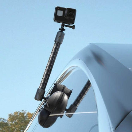 Car Phone Mount Extension Arm Carbon Fiber 360 Degree Swivel mounted on windshield with double-socket arm and secure knob for stable positioning