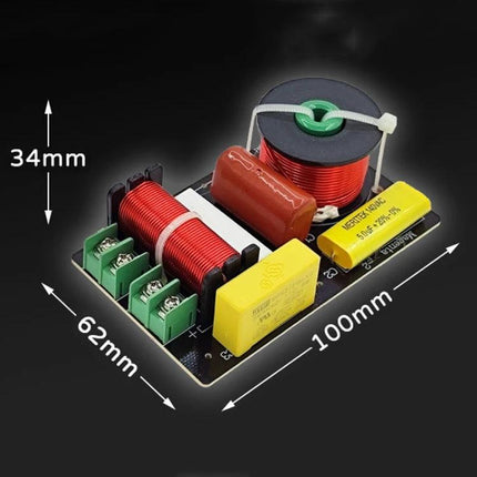 Magenta-2 2-Way Crossover for Bookshelf Speaker Audio Systems showing components and dimensions (100mm x 62mm x 34mm)