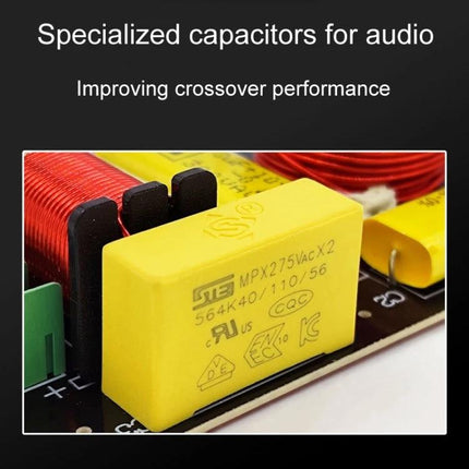 Magenta-2 2-Way Crossover for Bookshelf Speaker Audio Systems - close-up of specialized yellow capacitor and coil on crossover board