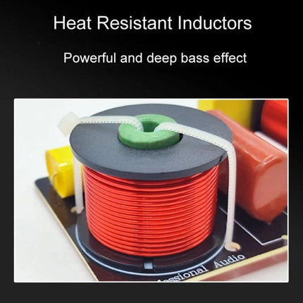 Magenta-2 2-Way Crossover for Bookshelf Speaker Audio Systems showcasing heat-resistant inductor with red coil for deep bass and DIY speaker upgrades