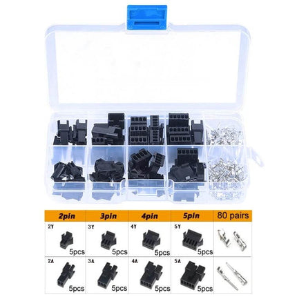 JST-SM 2.54mm Header Connectors Set 2-5Pin For Hobby Electronics - 2 to 5 pin black housings and metal contacts in organizer box