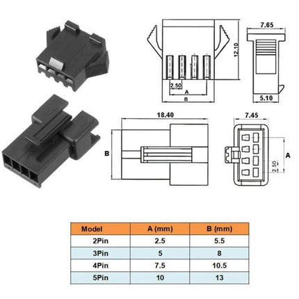 JST-SM 2.54mm Header Connectors Set 2-5Pin For Hobby Electronics - black 2-5pin housings with technical drawing and size chart