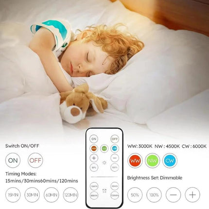 A Magnetic LED Light for Home Cabinets and Night Use — child sleeping with bedside magnetic LED light, dimmable remote control and color temps