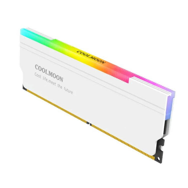 COOLMOON ARGB Cooling Case for Desktop Computer Memory white RAM heatsink with rainbow ARGB lighting, low-profile memory cooler