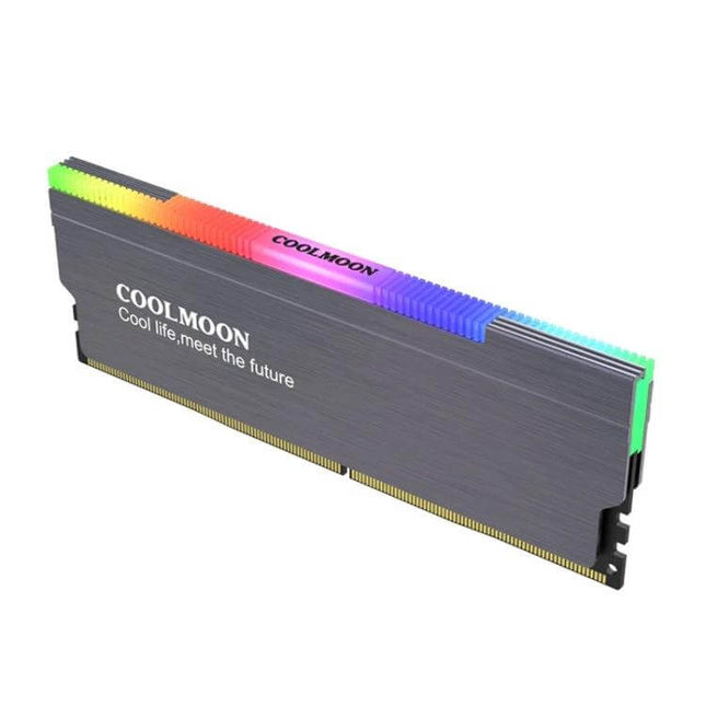 COOLMOON ARGB Cooling Case for Desktop Computer Memory with rainbow ARGB lighting on a RAM module heat spreader