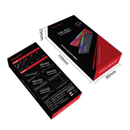 COOLMOON ARGB Cooling Case for Desktop Computer Memory shown in packaging with dimensions and RGB memory cooler image