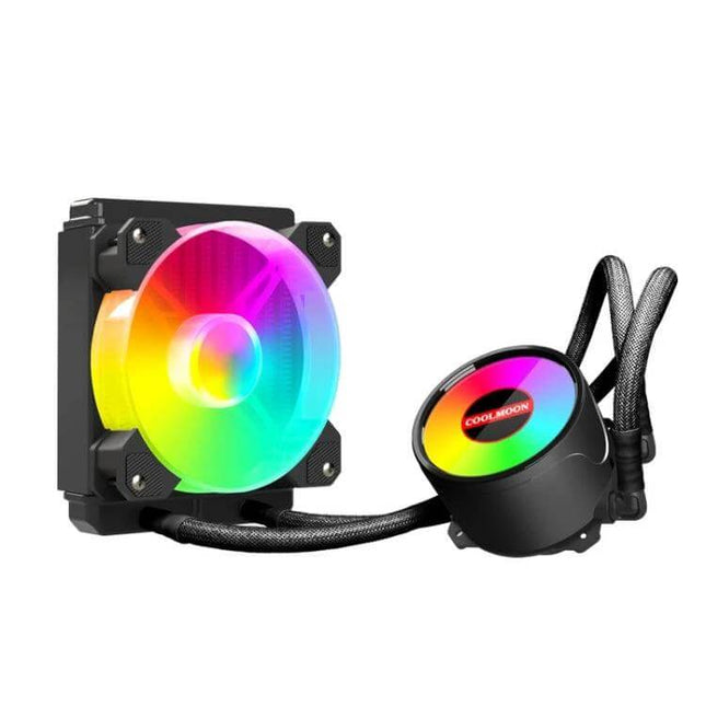 Coolmoon ARGB Integrated CPU Cooler for Multiple Platforms showing ARGB fan and pump unit with braided tubing