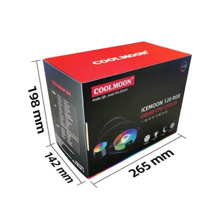 Coolmoon ARGB Integrated CPU Cooler for Multiple Platforms boxed ICEMOON 120 RGB liquid cooler product packaging with dimensions