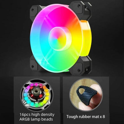 Coolmoon ARGB Integrated CPU Cooler for Multiple Platforms showing RGB fan, 16pcs high density ARGB beads and tough rubber mat accessories
