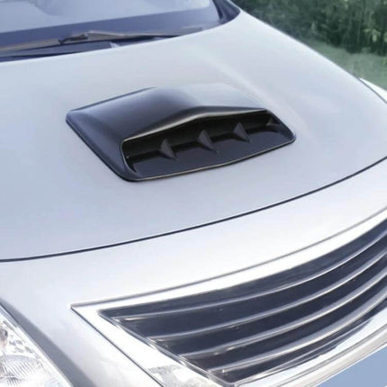 Universal Decorative Car Hood Air Intake Scoop with Tape installed on silver car hood showing black shark gills-style decorative scoop