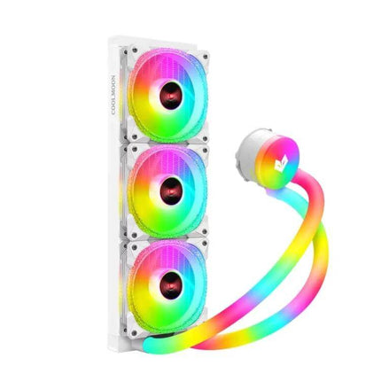 Coolmoon AS360 Magic Diamond Edition CPU Cooler with ARGB Lighting white triple-fan radiator and rainbow-lit tubes