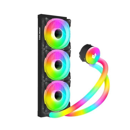 Coolmoon AS360 Magic Diamond Edition CPU Cooler with ARGB Lighting showing triple RGB fans, radiator and illuminated pump for gaming PC cooling