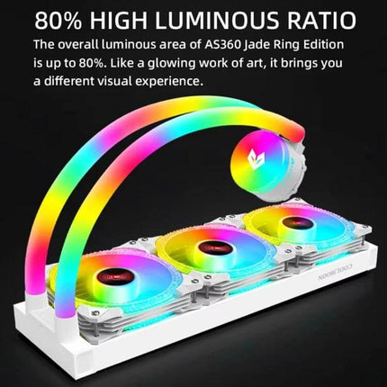 Coolmoon AS360 Magic Diamond Edition CPU Cooler with ARGB Lighting shown installed with triple RGB fans and illuminated pump in white
