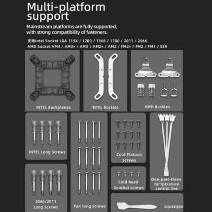 Coolmoon AS360 Magic Diamond Edition CPU Cooler with ARGB Lighting multi-platform mounting kit and accessories layout