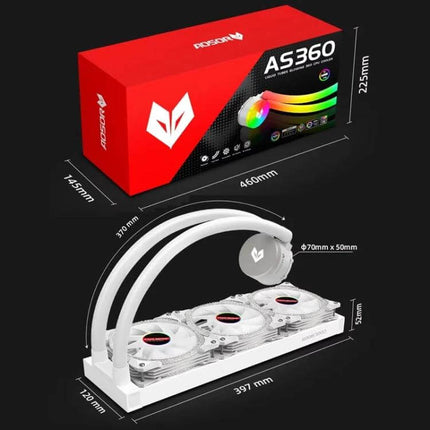 Coolmoon AS360 Magic Diamond Edition CPU Cooler with ARGB Lighting white triple-fan AIO cooler and retail box with dimensions