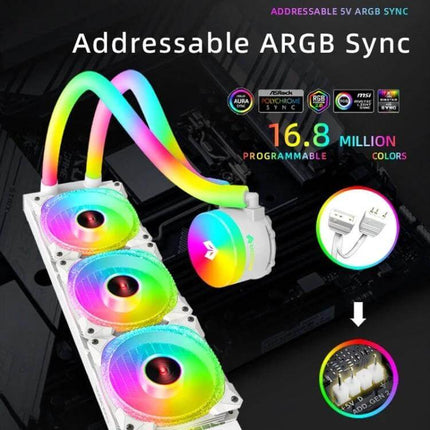 Coolmoon AS360 Magic Diamond Edition CPU Cooler with ARGB Lighting showing triple RGB fans, pump, and addressable ARGB sync for gaming PCs