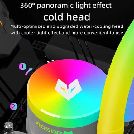Coolmoon AS360 Magic Diamond Edition CPU Cooler with ARGB Lighting showing 360° panoramic RGB pump head and illuminated tubing