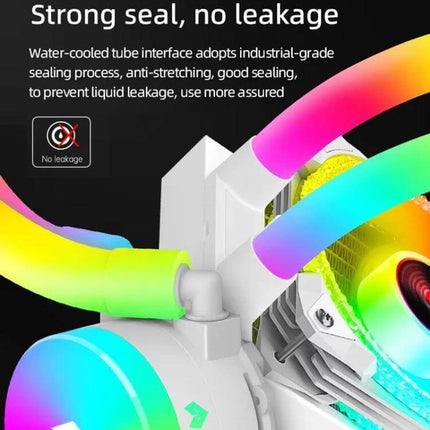Coolmoon AS360 Magic Diamond Edition CPU Cooler with ARGB Lighting close-up of sealed water-cooled tube and ARGB illuminated pump