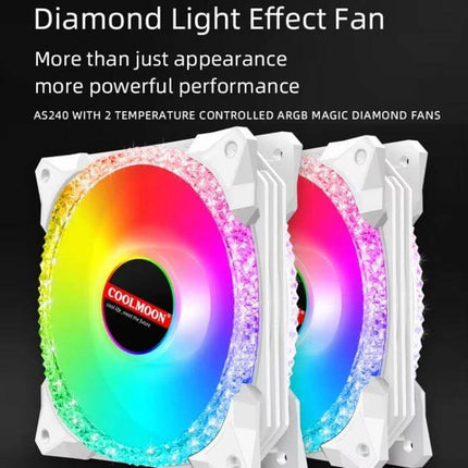 Coolmoon AS360 Magic Diamond Edition CPU Cooler with ARGB Lighting white fans showing diamond-effect ARGB lighting and rainbow illumination