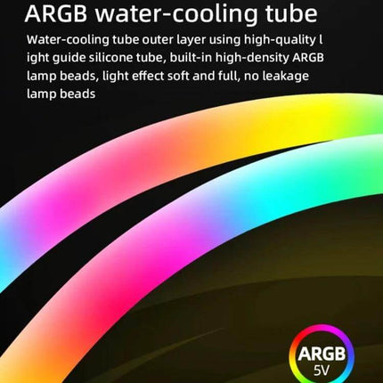 Coolmoon AS360 Magic Diamond Edition CPU Cooler with ARGB Lighting showing vibrant ARGB water-cooling tube RGB lighting and ARGB 5V label