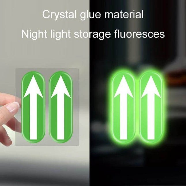Fluorescent Driving Assistance Sticker for Car Interiors, 2 Pairs showing glowing green arrow PVC strips for locating controls in low light