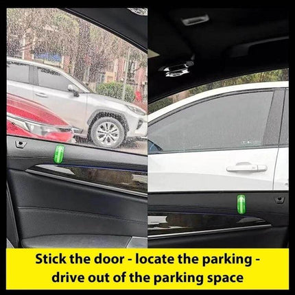 Fluorescent Driving Assistance Sticker for Car Interiors, 2 Pairs – green PVC glow-on-door locator showing placement to find door handle and parking edge