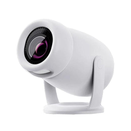 HY400 Android 12.0 Portable Projector for Family Viewing white compact projector on stand showing lens for home and outdoor use