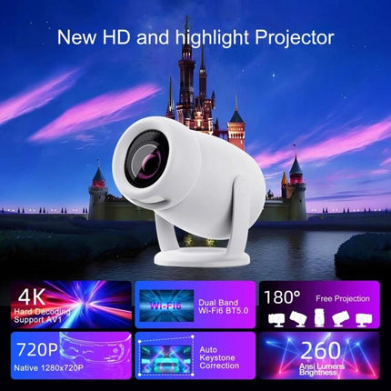 HY400 Android 12.0 Portable Projector for Family Viewing - compact white portable projector with WiFi mirroring and 720p native resolution