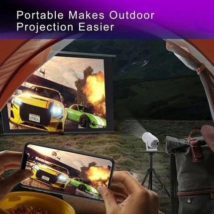 HY400 Android 12.0 Portable Projector for Family Viewing showing outdoor tent movie setup with phone screen mirroring to projector