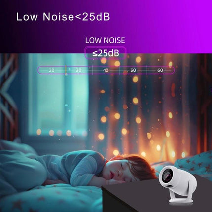 HY400 Android 12.0 Portable Projector for Family Viewing showing low noise ≤25dB beside sleeping child for quiet home use