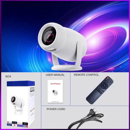 HY400 Android 12.0 Portable Projector for Family Viewing showing white projector, remote, box, manual and power cord