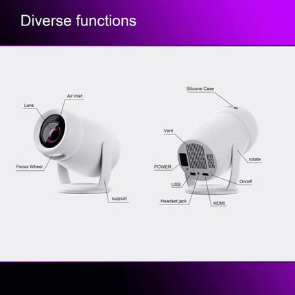 HY400 Android 12.0 Portable Projector for Family Viewing showing front and rear ports, lens, focus wheel, vent, HDMI and USB
