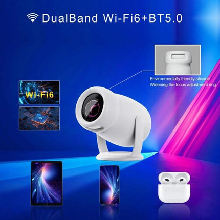 HY400 Android 12.0 Portable Projector for Family Viewing showing compact white projector with WiFi mirroring and Bluetooth connectivity for home and travel