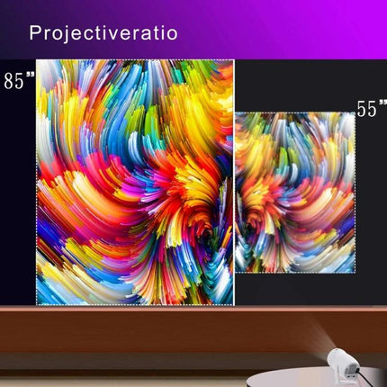 HY400 Android 12.0 Portable Projector for Family Viewing projecting vivid 85" and 55" images via WiFi mirroring for home and outdoor use