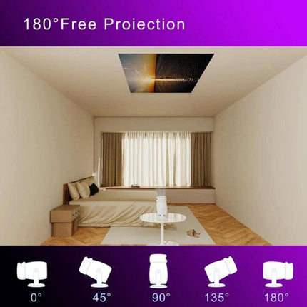 HY400 Android 12.0 Portable Projector for Family Viewing projecting 180° free ceiling image in a minimalist living room