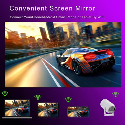 HY400 Android 12.0 Portable Projector for Family Viewing showing WiFi screen mirroring from phone, tablet, laptop to large projected racing car image
