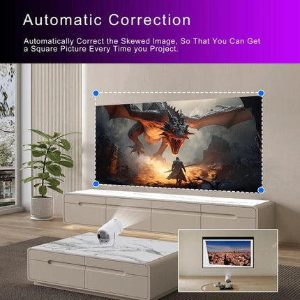 HY400 Android 12.0 Portable Projector for Family Viewing projecting corrected square image on living room wall via WiFi mirroring