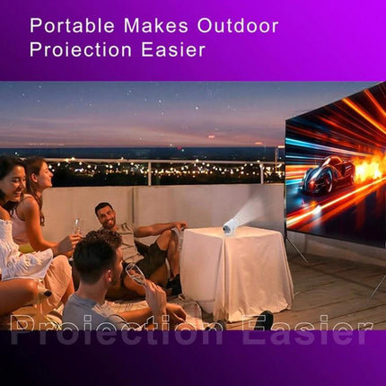 HY400 Android 12.0 Portable Projector for Family Viewing showing outdoor rooftop movie night with WiFi mirroring