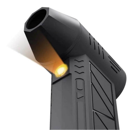 Compact Portable Handheld Turbo Fan for Dust Cleaning - black handheld turbo fan with angled nozzle and built-in LED for cleaning keyboards and car interiors