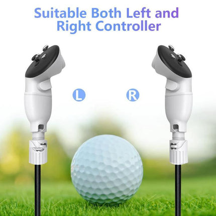 Adjustable VR Golf Club for Meta Quest 3S and 3 Controllers attached to left and right controllers with golf ball on grass
