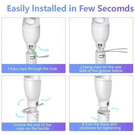 Adjustable VR Golf Club for Meta Quest 3S and 3 Controllers showing step-by-step rope installation and tightening instructions