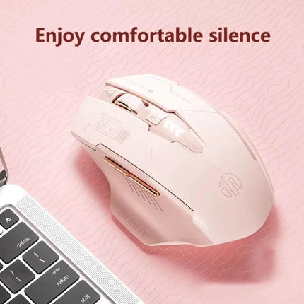 Inphic Wireless Ergonomic Gaming Mouse for Computer Tasks - pink wireless ergonomic mouse shown next to laptop highlighting silent clicks and adjustable DPI