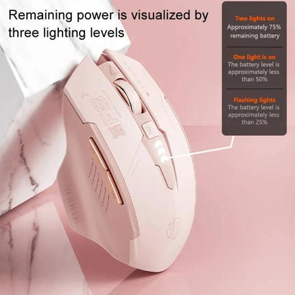 Inphic Wireless Ergonomic Gaming Mouse for Computer Tasks - pink wireless ergonomic mouse with LED battery indicator showing three lighting levels
