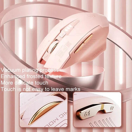 Inphic Wireless Ergonomic Gaming Mouse for Computer Tasks - pink wireless ergonomic mouse with adjustable DPI, contoured shape and gold accents