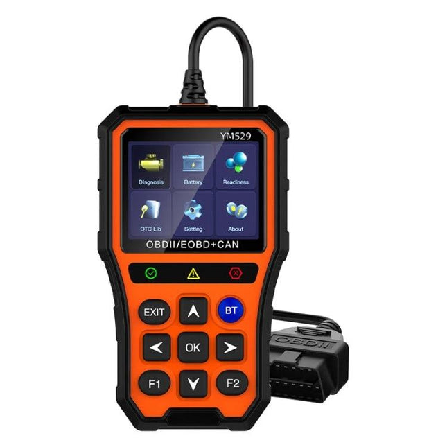 Practical Device for Everyday Car Maintenance Checks - orange OBD2 scanner showing diagnostics, battery, live data on screen
