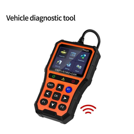 Practical Device for Everyday Car Maintenance Checks - orange OBD2 vehicle diagnostic tool with screen and buttons for engine codes and battery status